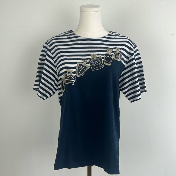 Vintage Blue and White Striped T-Shirt with Embroidered Perfume Bottle Size M - Picture 1 of 9
